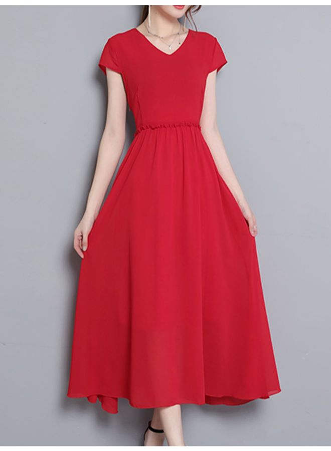 فستان طويل بخصر عالٍ بتصميم على شكل حرف A ورقبة على شكل حرف V أحمر - Image 2