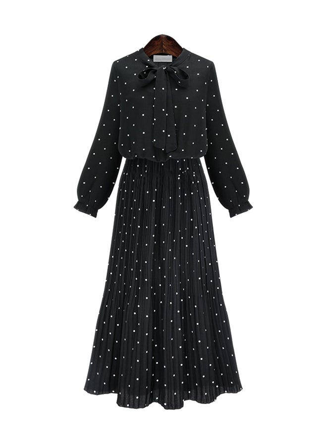 Polka Dot Bow Vintage Long Sleeve Maxi Dress Black/White  - Image 1