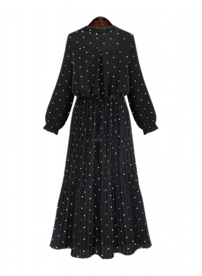 Polka Dot Bow Vintage Long Sleeve Maxi Dress Black/White  - Image 2