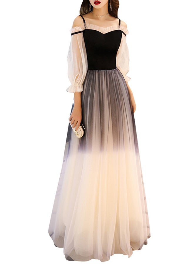 A line Hollow Patchwork Three Quarter Sleeve Maxi Dress Black/Beige  - Image 1