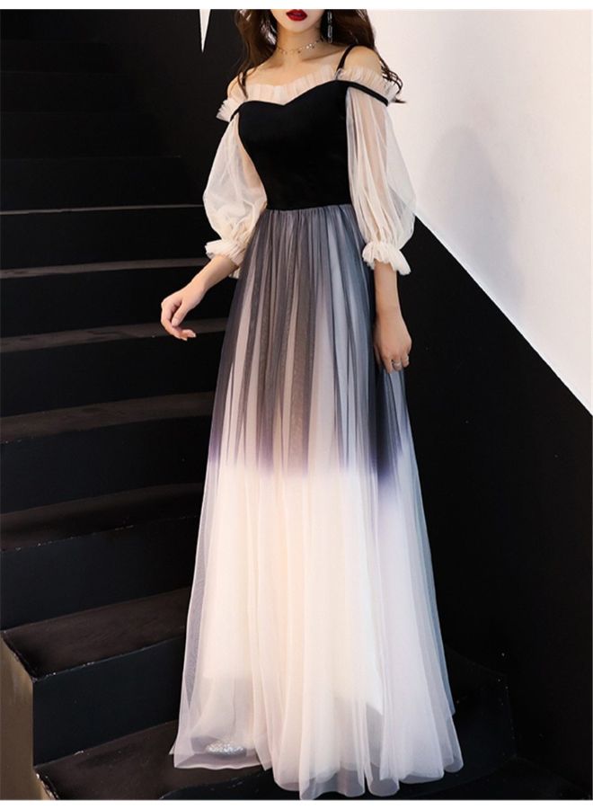 A line Hollow Patchwork Three Quarter Sleeve Maxi Dress Black/Beige  - Image 3