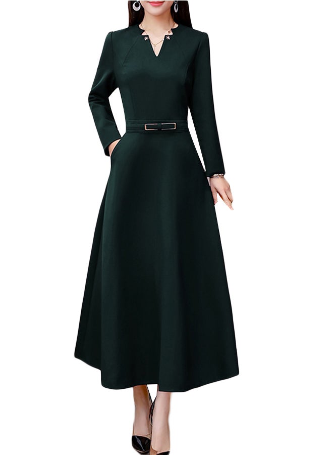 A line V Neck Long Sleeve Maxi Dress Dark Green  - Image 1
