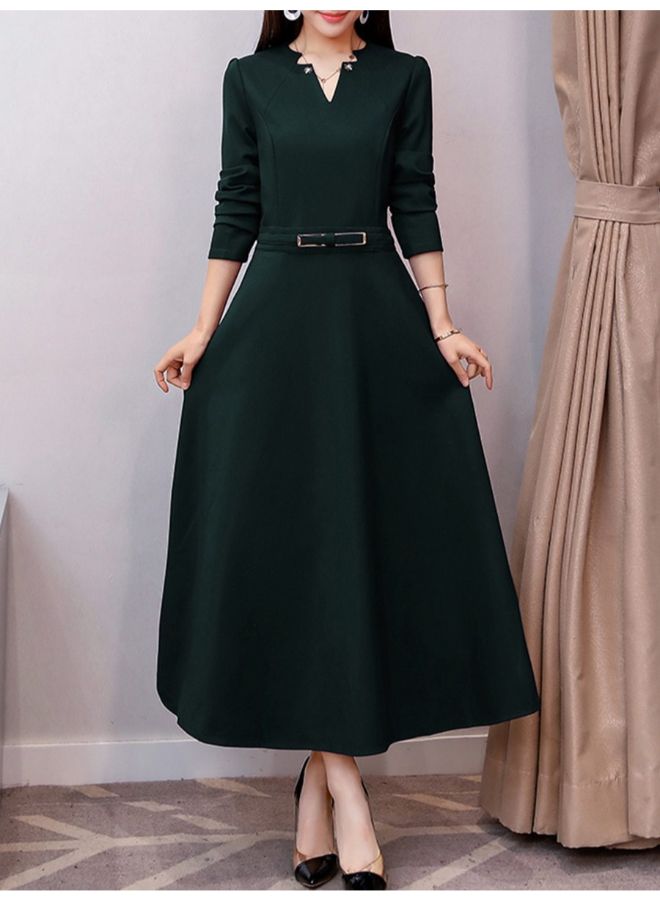 A line V Neck Long Sleeve Maxi Dress Dark Green  - Image 2