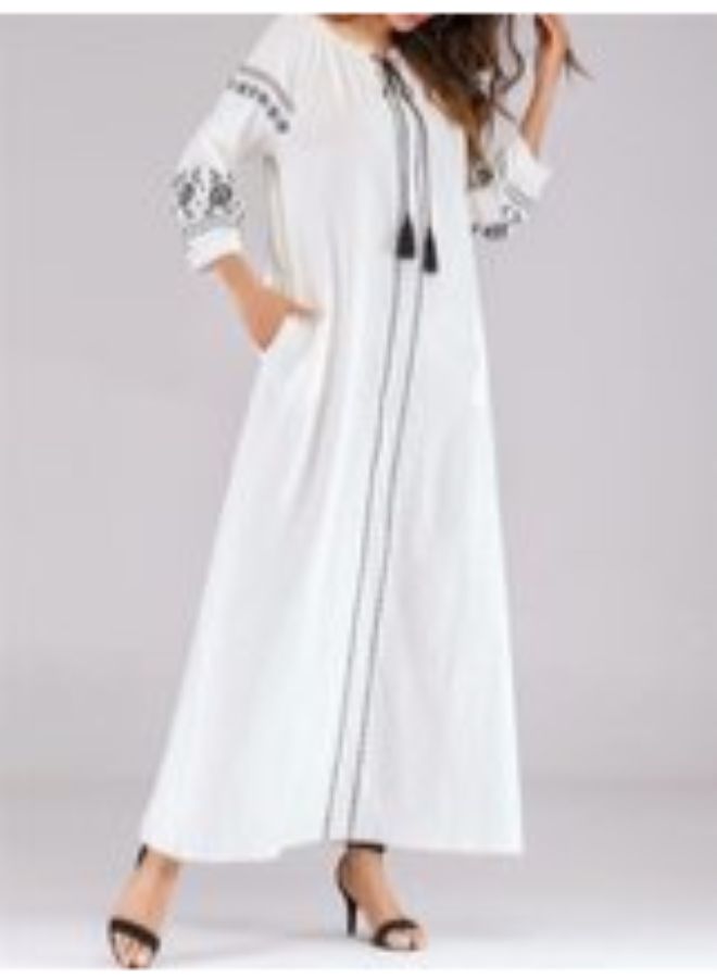 Embroidery O Neck Loose Tassel Three Quarter Sleeve Maxi Dress White - Image 2