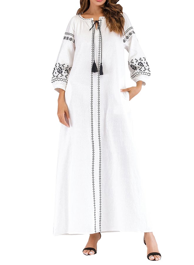 Embroidery O Neck Loose Tassel Three Quarter Sleeve Maxi Dress White - Image 1