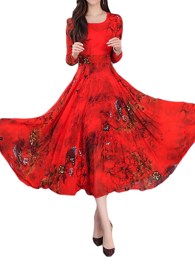 A Line O Neck High Waist Floral Long Sleeve Midi Dress Red  - Image 1