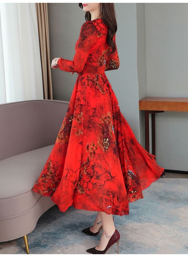 A Line O Neck High Waist Floral Long Sleeve Midi Dress Red  - Image 2