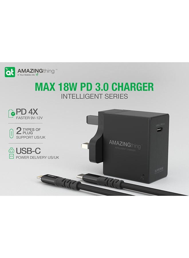 AMAZINGthing - Supreme Charger 18W PD Adapter With Lightning To USB-C Cable Combo Black - Image 1