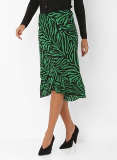 Zebra Print Asymmetric Hem Skirt Green