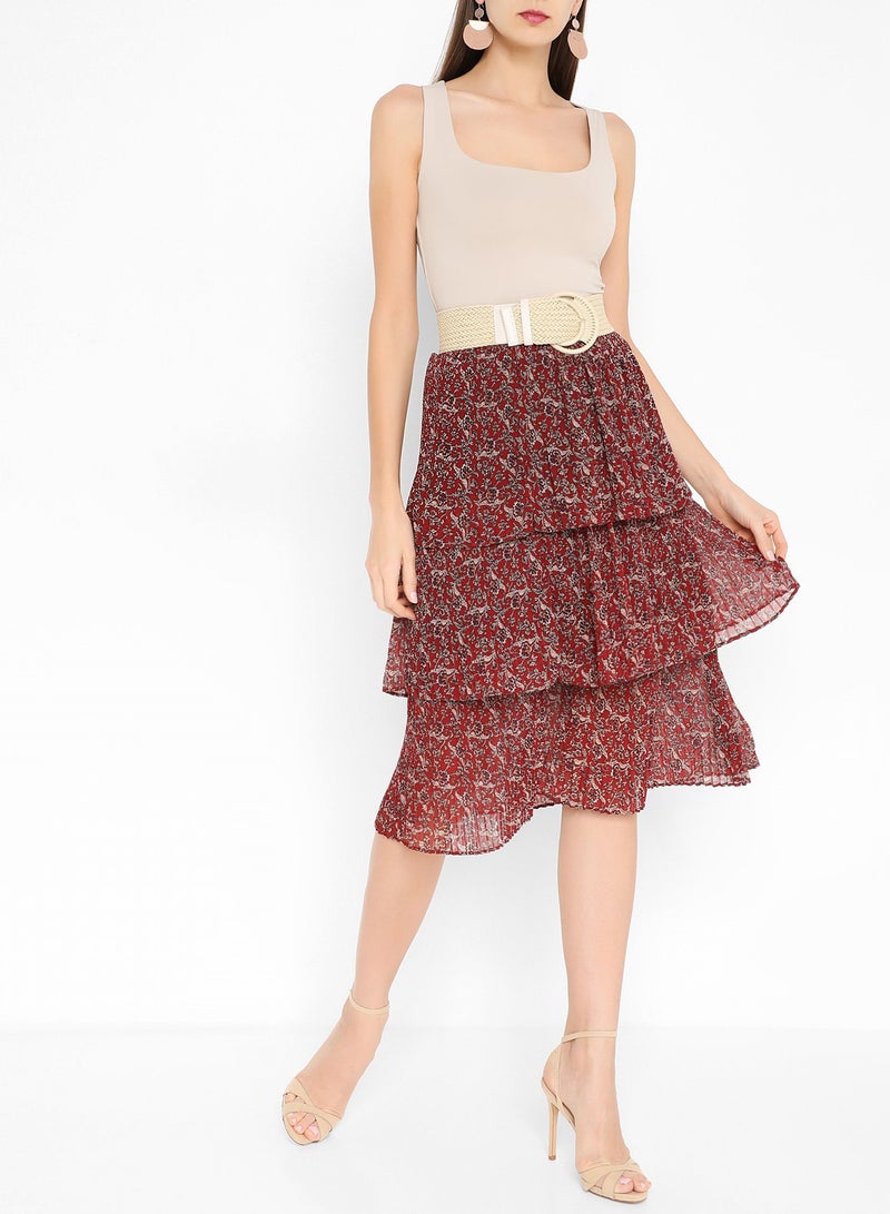 Stock - Casual All-Over Print Layer Skirt Red - Image 1