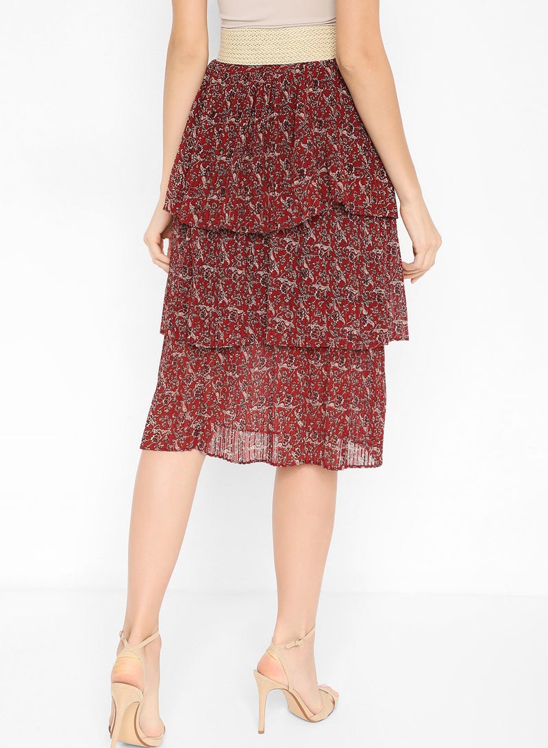 Stock - Casual All-Over Print Layer Skirt Red - Image 1
