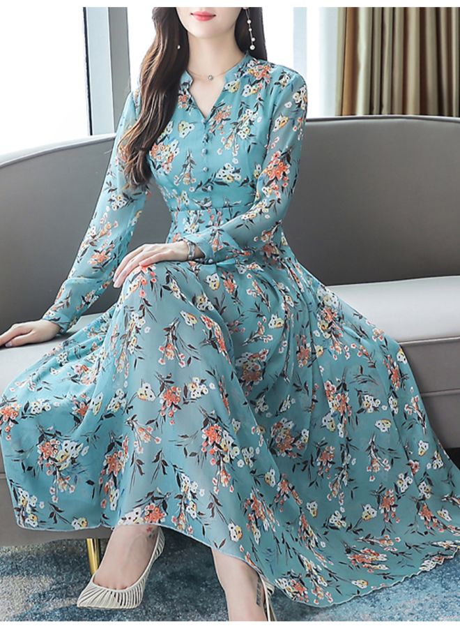 فستان متوسط الطول بأكمام طويلة وتصميم خط من الزهور أزرق - Image 2