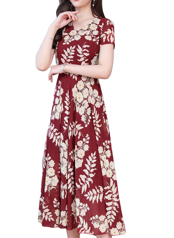 Floral Pattern Short Sleeve Midi Dress Red - Image 1