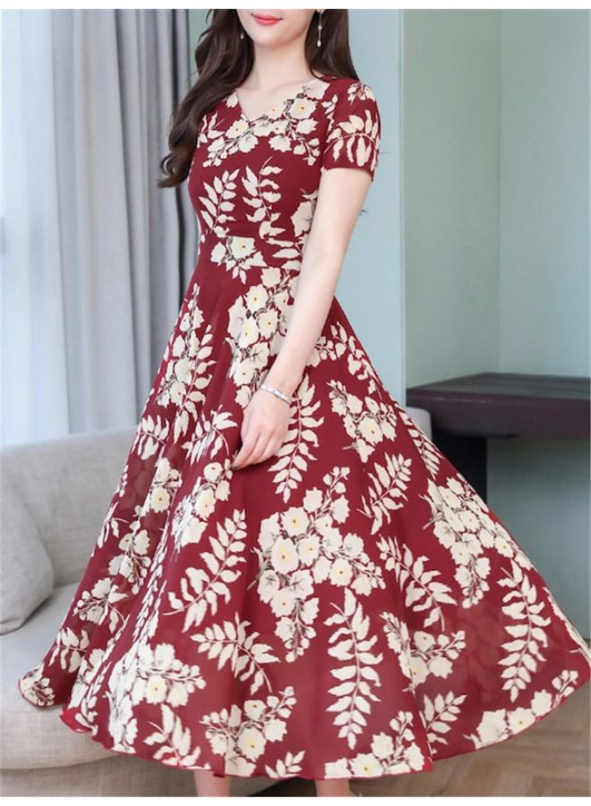 Floral Pattern Short Sleeve Midi Dress Red - Image 2