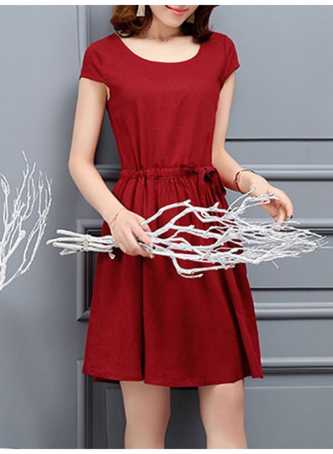 Solid Pattern Short Sleeve Mini Dress Red  - Image 2