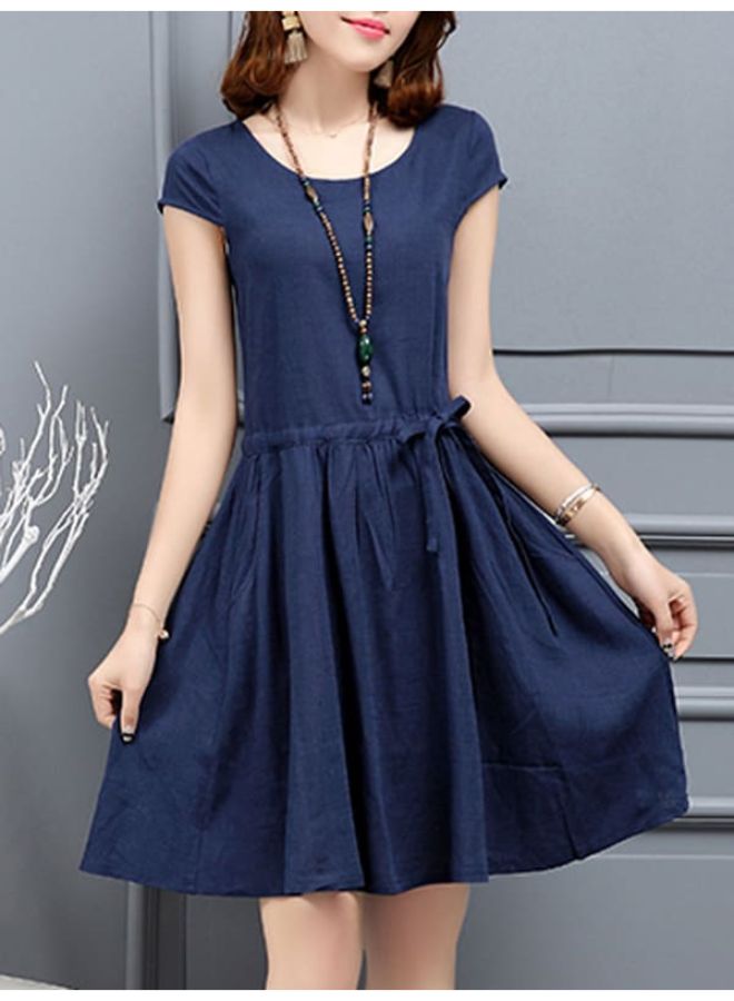 Solid Pattern Short Sleeve Mini Dress Blue  - Image 2
