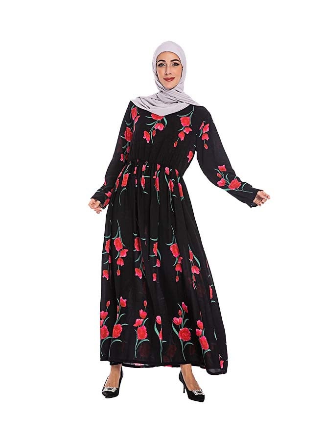 فستان طويل وبأكمام طويلة بطبعة زهور وبتصميم قفطان أسود/ أحمر - Image 1