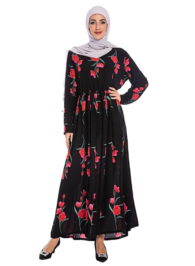 فستان طويل وبأكمام طويلة بطبعة زهور وبتصميم قفطان أسود/ أحمر - Image 3