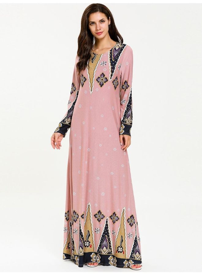 Floral Print Pattern Long Sleeve Maxi Kaftan Dress Pink/Gold - Image 3
