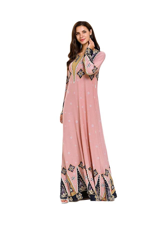 Floral Print Pattern Long Sleeve Maxi Kaftan Dress Pink/Gold - Image 1