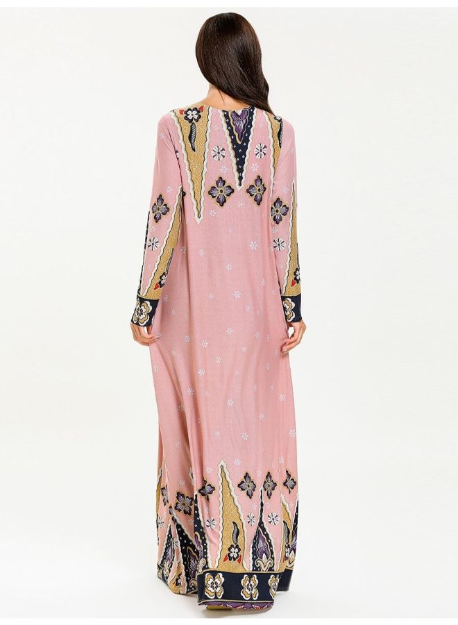 Floral Print Pattern Long Sleeve Maxi Kaftan Dress Pink/Gold - Image 2