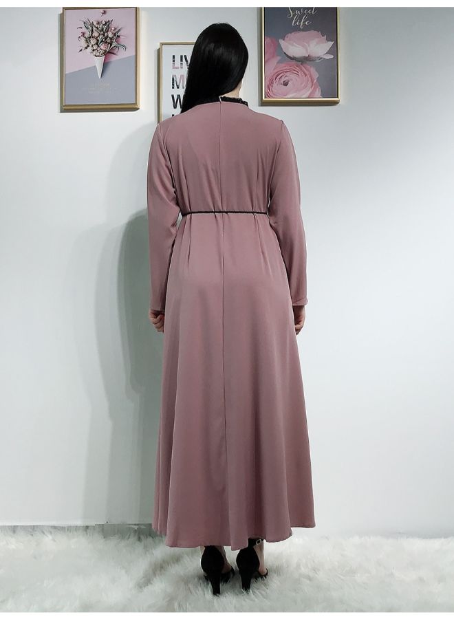 فستان كاجوال بتصميم قفطان بأكمام طويلة وبلون سادة بنفسجي/ أسود - Image 3