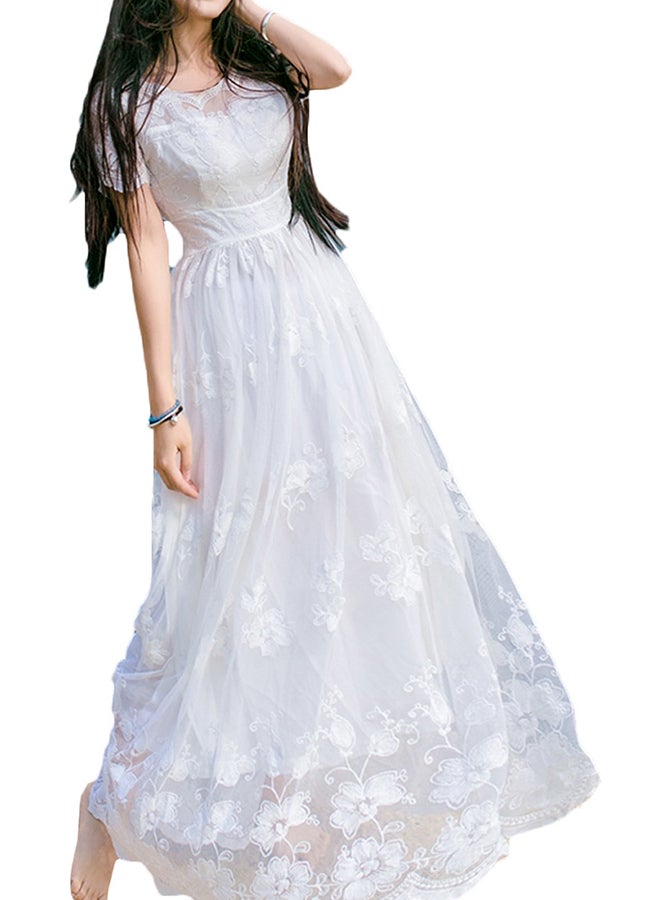 O Neck Solid Pattern Maxi Dress White  - Image 1