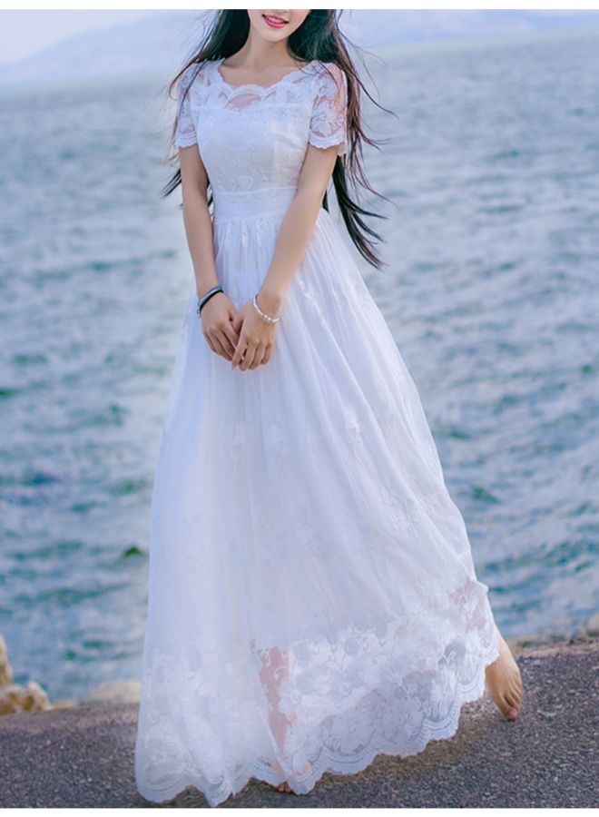 O Neck Solid Pattern Maxi Dress White  - Image 2