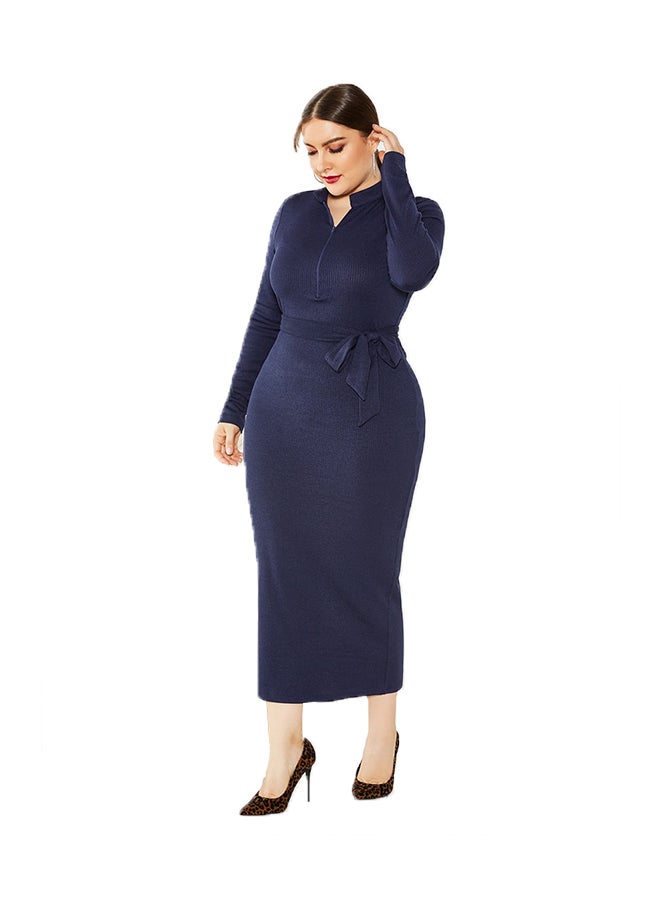 Generic - Stand Collar Solid Pattern Maxi Dress Navy Blue - Image 1