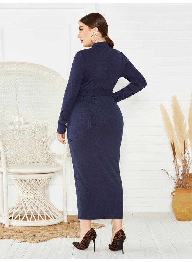 Generic - Stand Collar Solid Pattern Maxi Dress Navy Blue - Image 1