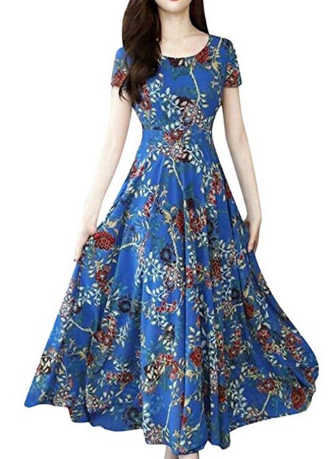 O Neck Patchwork Pattern Maxi Dress Blue