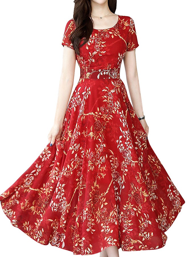O Neck Patchwork Pattern Maxi Dress Red - Image 1