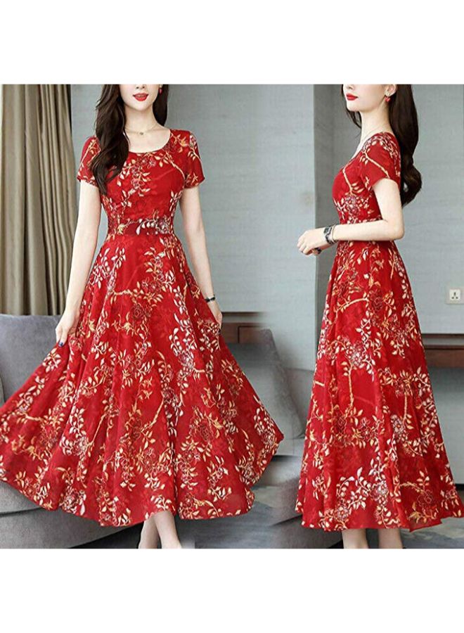 O Neck Patchwork Pattern Maxi Dress Red - Image 2