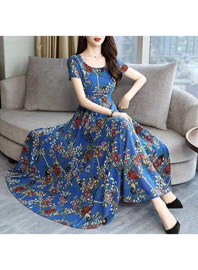 O Neck Patchwork Pattern Maxi Dress Blue