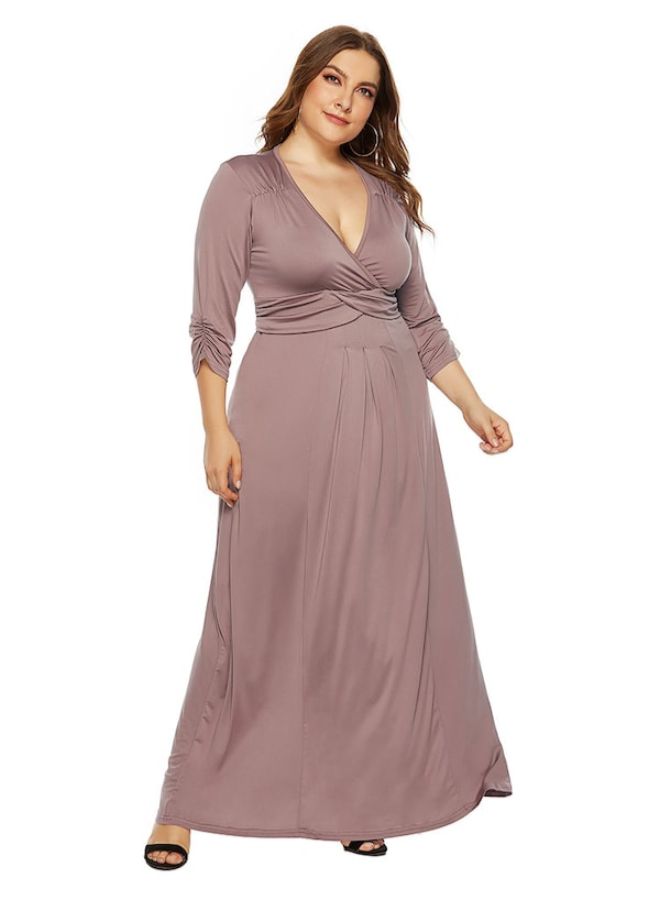V Neck Half Sleeve Solid Waist Drawstring Maxi Dress Pink  - Image 2