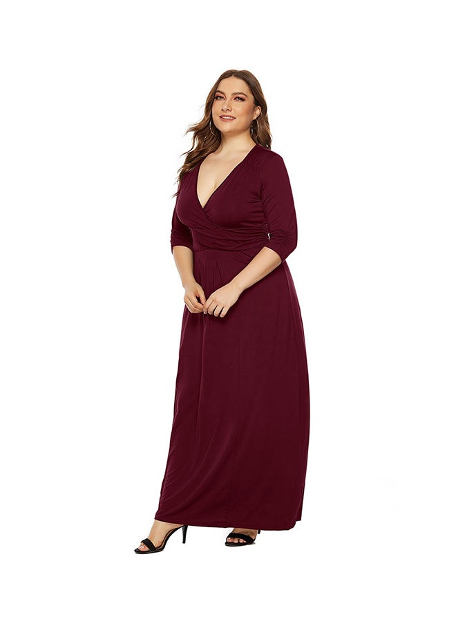 V Neck Half Sleeve Solid Waist Drawstring Maxi Dress Maroon  - Image 1