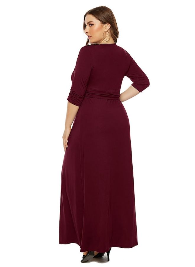 V Neck Half Sleeve Solid Waist Drawstring Maxi Dress Maroon  - Image 2