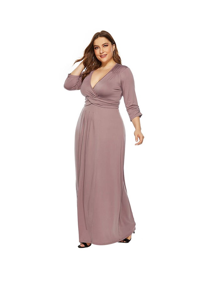 V Neck Half Sleeve Solid Waist Drawstring Maxi Dress Pink  - Image 1