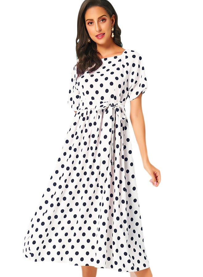 A Line Short Sleeve Polka Dot Pattern Dress White  - Image 1