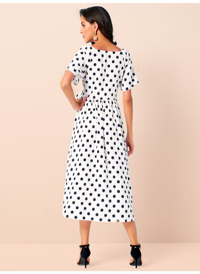 A Line Short Sleeve Polka Dot Pattern Dress White  - Image 2