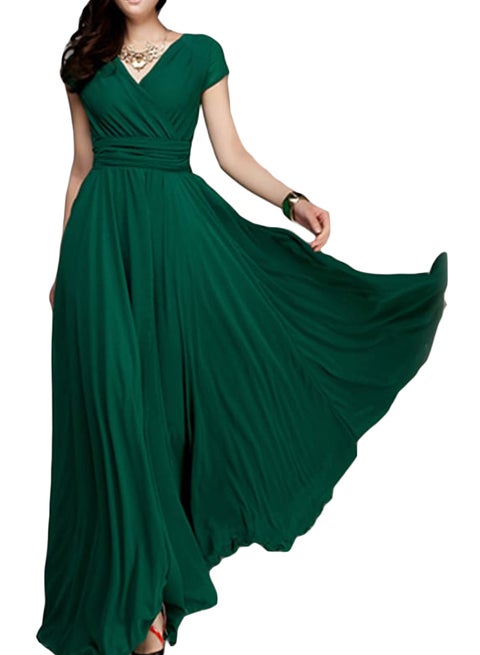 Elegant V Neck High Waist Maxi Long Dress Green