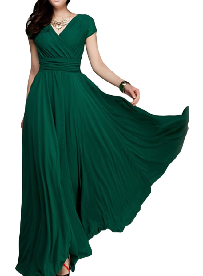 Elegant V Neck High Waist Maxi Long Dress Green  - Image 1