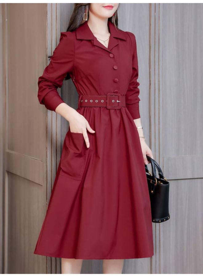 Regular Slim Notched Collar Long Sleeve Dress Red  - Image 2