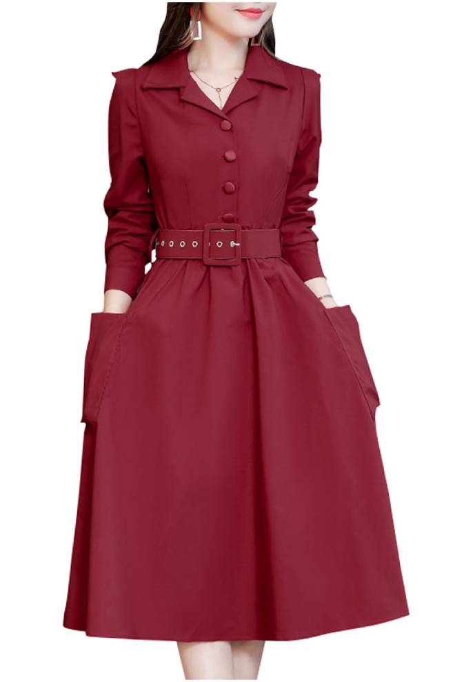 Regular Slim Notched Collar Long Sleeve Dress Red  - Image 1