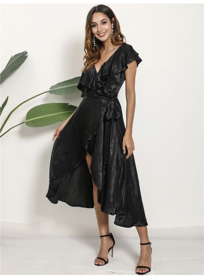 فستان بكتف واحدة وفتحة بتصميم ضيق من الأعلى وواسع من الأسفل، نمط سادة أسود - Image 2