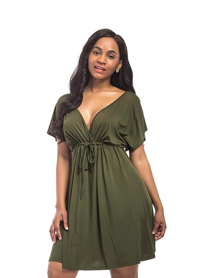 A Line Solid Color Pattern Short Sleeve Mini Dress Green - Image 1