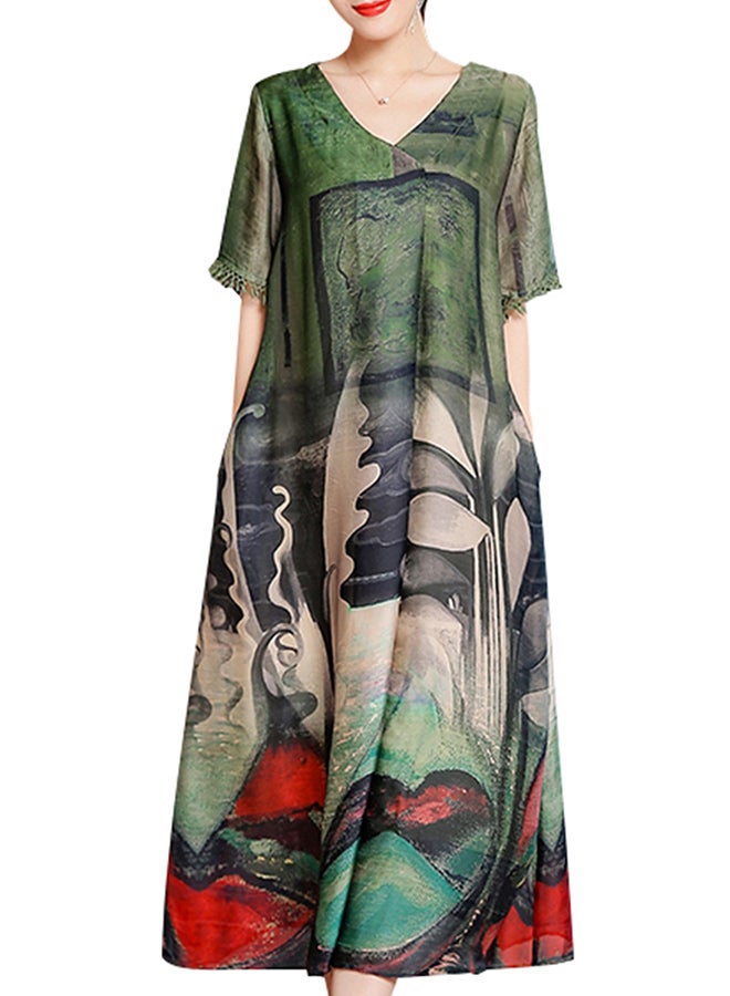 A Line V-Neck  Midi Dress Multicolour - Image 1