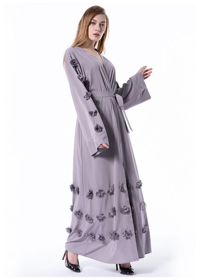 فستان بنقشة الزهور سادة وبأكمام طويلة أرجواني - Image 3