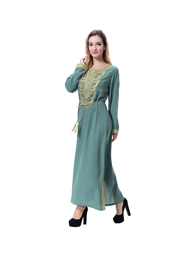 O Neck Long Sleeve Bandage Split Maxi Dress Green  - Image 1