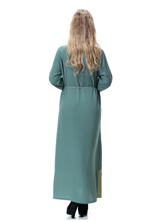 O Neck Long Sleeve Bandage Split Maxi Dress Green  - Image 2